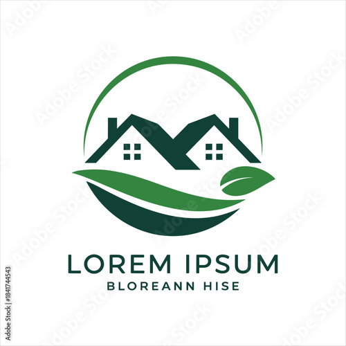 Eco Friendly Real Estate Logo with Green Houses and Leaf Design