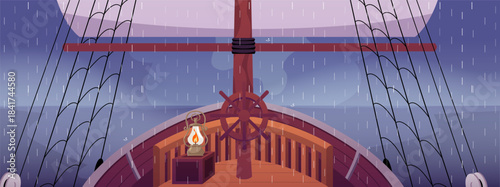 Sail wooden boat bridge helm, rain and fog view, vector cartoon pirate ship sailing in sea in storm, steering wheel