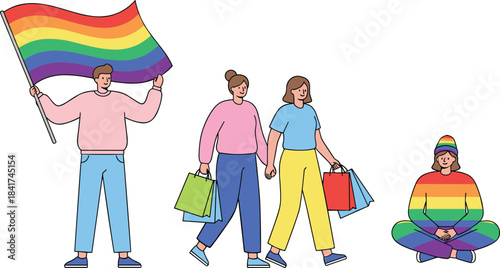 Happy diverse LGBTQIA+ people celebrating pride holding rainbow flag walking with shopping bags and sitting in a meditative pose showing support for queer community