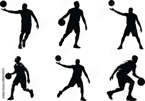 Basketball Player Action Silhouette Clipart SVG Bundle Design. Athlete, Dunk, Dribble & Jump Shot. Sports Silhouette. Slam Dunk, Dribbling & Shooting Poses Illustration.
