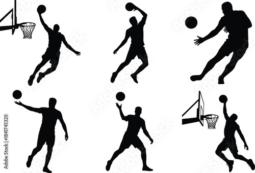 Basketball Player Action Silhouette Clipart SVG Bundle Design. Athlete, Dunk, Dribble & Jump Shot. Sports Silhouette. Slam Dunk, Dribbling & Shooting Poses Illustration.