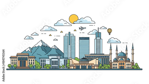 A detailed cityscape illustration featuring modern architecture, mountains, and a mosque under a sunny sky