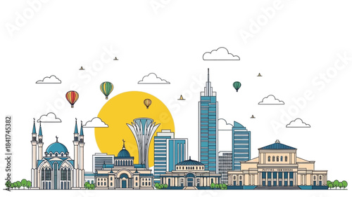 Cityscape illustration with diverse architectural styles, hot air balloons, and sunshine