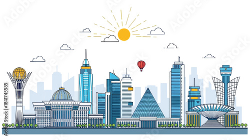 Vibrant outline illustration capturing a modern capital city skyline, highlighting iconic architectural landmarks, towering structures, and urban vitality under a bright sky