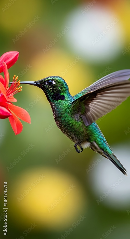Naklejka premium Vibrant Green Hummingbird Hovering to Drink Nectar from a Red Flower.