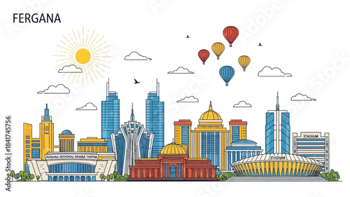 Fergana Uzbekistan City Skyline Outline Art - Vibrant Architectural Panorama with Modern and Traditional Buildings, Hot Air Balloons, and Sunny Sky Illustration