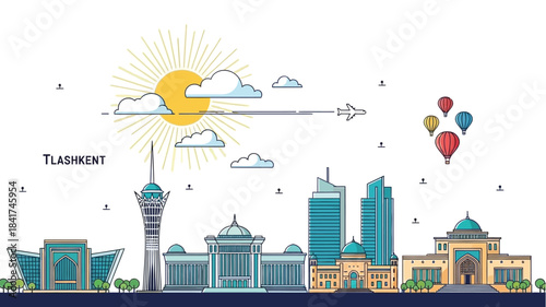 Tashkent skyline vector illustration with notable landmarks under a bright sun and clouds