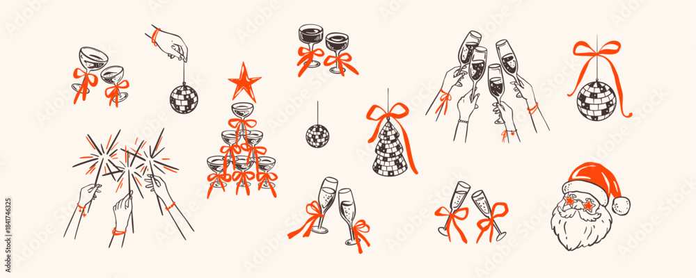 Naklejka premium Whimsical Christmas doodle set with disco ball, champagne tower and festive elements. Coquette style illustration perfect for holiday party cards and celebrations. Quirky xmas party dj Santa