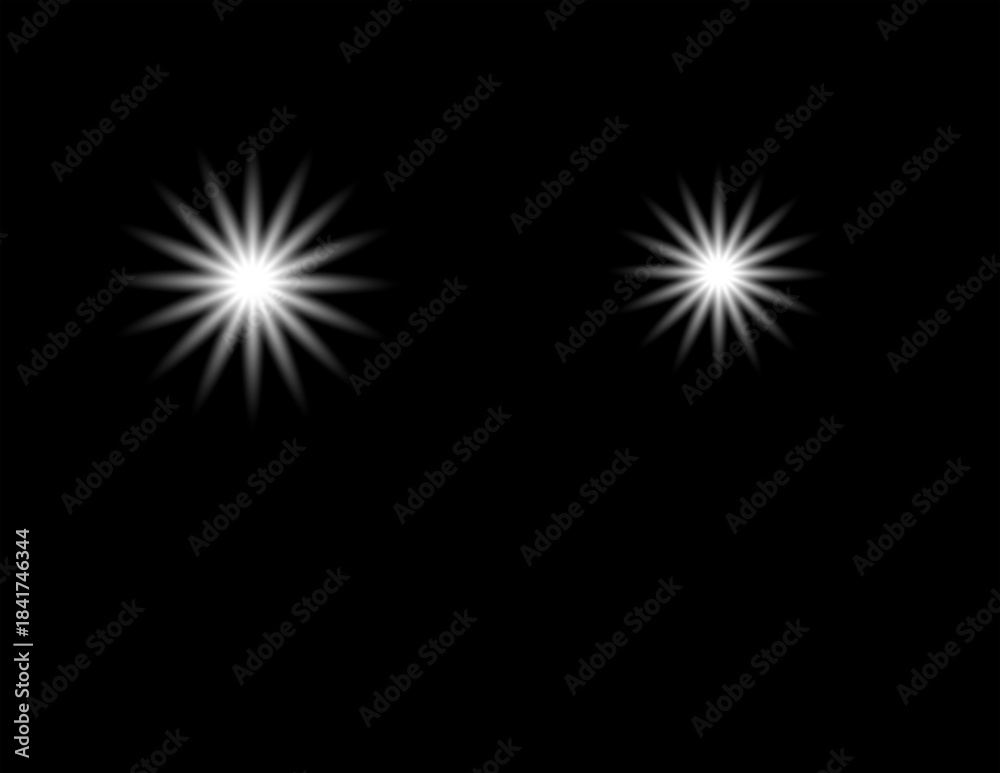 Fototapeta premium Two bright starbursts on a dark background, one larger than the other, Two luminous starbursts, one prominent and the other smaller, illuminate the deep black void with their radiant energy