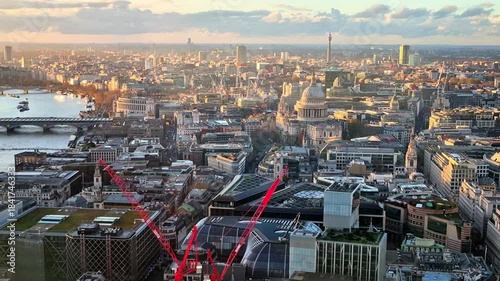 London  at sunset, Panoramic view include St. Pauls Cathedral, city of London skyscrapers and west part of the capital 