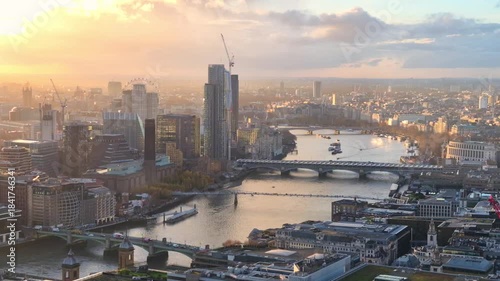  London view at sunset, golden hour, View include River Thames, Bridges and west part of the city 