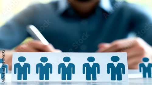 Man sitting at desk with paper cutouts of people for teamwork concept