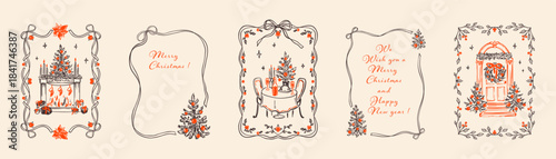 Merry Christmas and Happy New Year hand drawn doodle cards, posters, backgrounds set. Whimsical hand drawn vintage coquette bow ribbon Christmas frame. Xmas fireplace with sicks, decorated door window