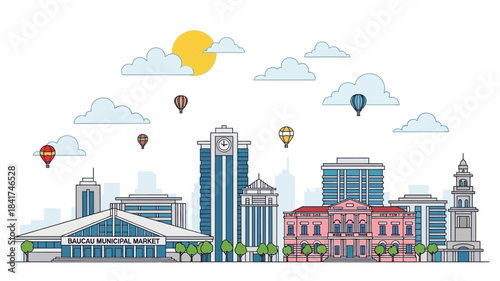 Stylized Flat Design City Skyline Illustration with Modern Urban Architecture, Hot Air Balloons, and Clouds, Perfect for Travel, Real Estate, and Digital Graphics