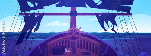 Night view of a pirate ship's deck, broken steering wheel, tattered black sails, and cobwebs.