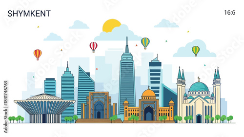 Vibrant vector cityscape illustration with architectural landmarks and hot air balloons, depicting urban travel and modern development