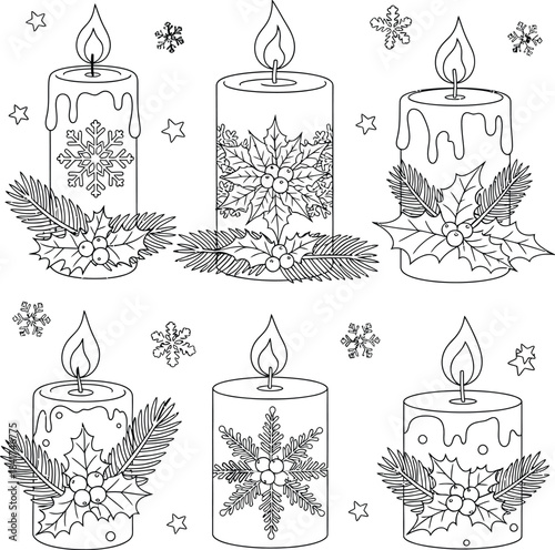 Christmas candle coloring page with holly leaves, berries, snowflakes and decorative festive winter elements | Holiday candle line art illustration for kids and adults