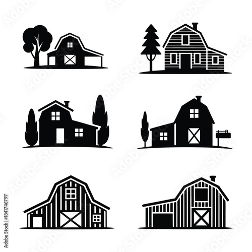 Rural farm house architecture vector set depicting various traditional barns building silhouettes surrounded by trees and landscape elements.