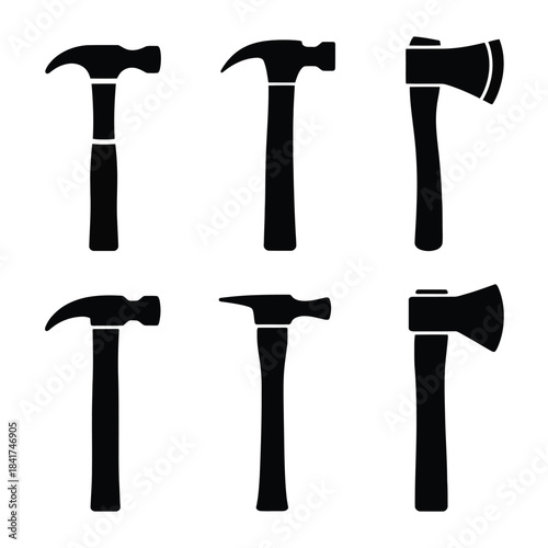 Collection of various black silhouette tools like claw hammers sledgehammers and axes vector illustration set
