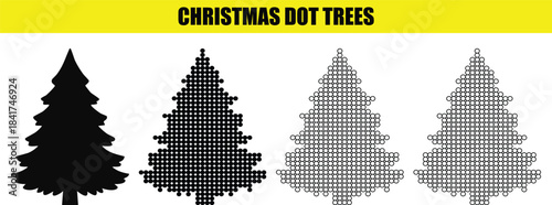 Two Christmas trees made of black dots and circles on a white background with a