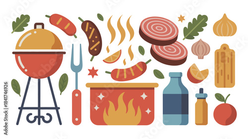 Barbecue and grilling vector elements set including raw meat steaks sausage grill vegetables and cooking tools