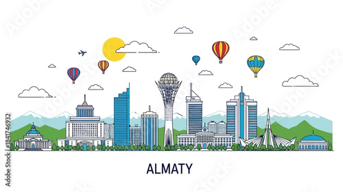 Almaty Cityscape with Iconic Buildings, Balloons, and Sun A Vibrant Line Art Illustration