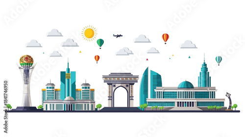 Modern Cityscape Illustration with Iconic Architecture and Hot Air Balloons in a Bright Sky
