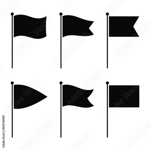 Set of black silhouette flags on flagpole icons showing different rectangular and pennant shapes vector art