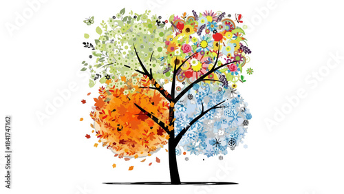 A stylized illustration of a tree representing the changing four seasons of the year