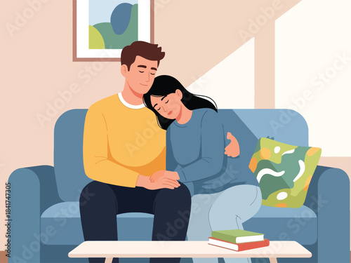 Modern flat illustration of a young couple showing empathy and emotional support, ideal for relationship counseling, mental health education, and love communication content