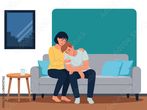 Modern flat illustration of a young couple showing empathy and emotional support, ideal for relationship counseling, mental health education, and love communication content