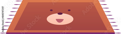 A soft brown rectangular rug with tassels and a bear face.