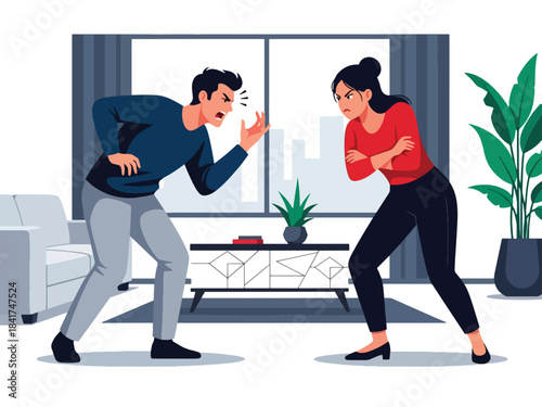 Flat vector illustration of a young couple arguing with expressive gestures, ideal for relationship issues content, communication guides, and emotional awareness materials