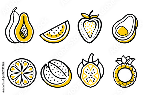 Stylized fruit icons papaya watermelon strawberry avocado lemon pineapple vector