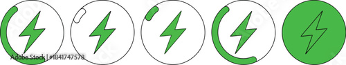 Set of icons representing battery charge levels with lightning bolt symbols and progress circles