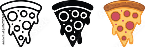 A Trio of Delicious Pizza Slice Icons Line Art, Silhouette, and Full Color Illustrations