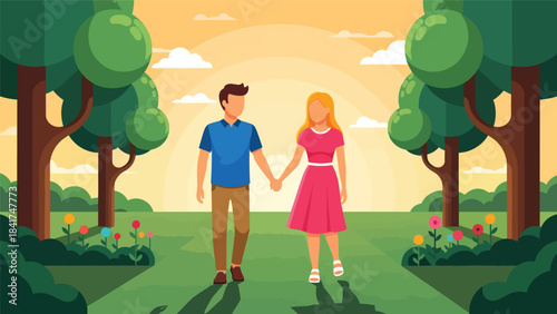 Flat vector artwork of a couple walking hand in hand outdoors, ideal for romance themes, relationship bonding visuals, and lifestyle illustrations