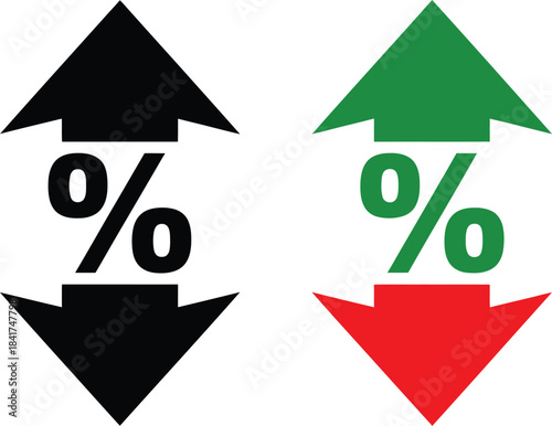 Black and white percentage up and down arrows symbolizing economic growth and decline