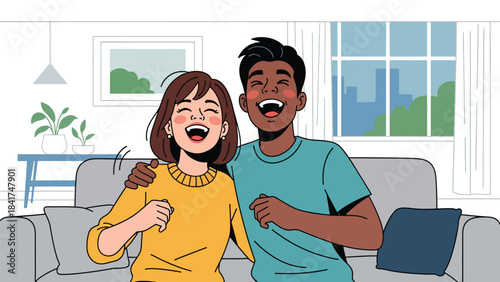 Modern flat illustration of a young couple laughing together, ideal for positivity campaigns, relationship visuals, lifestyle designs, and emotional wellbeing content