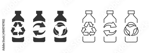 Recycled plastic bottle logo icon with recycling arrow and green leaves. Plastic bottle and recycling arrows. PET food and beverage packaging. Recycle plastic bottle icon. Bottle with recycle symbol.