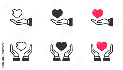 Heart in hand icons set. Hands Holding Heart Care Logo for Charity, heart care symbol, love and care symbol. Health, medicine symbol. Illustration set of heart and hand that images love and sincerity.