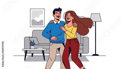 Modern flat illustration of a young couple laughing together, ideal for positivity campaigns, relationship visuals, lifestyle designs, and emotional wellbeing content