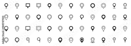 Pin icon set. Set of map pointer signs. Location map icon. Specific geographic location with circular indicator. Location of the pointer on the GPS map. Editable stroke. Vector illustration.