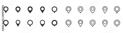 Pin icon set. Set of map pointer signs. Location map icon. Specific geographic location with circular indicator. Location of the pointer on the GPS map. Editable stroke. Vector illustration.