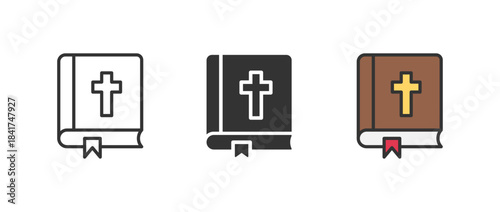 Holy Bible - vector icon set, flat and linear for app or logo design. Closed book with Cross. Vector illustration