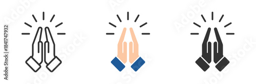 Prayer and Respect icon set. Pray icon collection, religion and prayer, hands praying icon set, linear pattern on white background. Sign of gratitude with folded hands. Vector