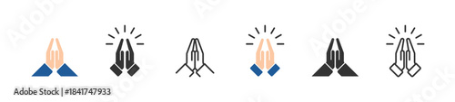 Prayer and Respect icon set. Pray icon collection, religion and prayer, hands praying icon set, linear pattern on white background. Sign of gratitude with folded hands. Vector