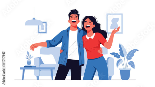 Modern flat illustration of a young couple laughing together, ideal for positivity campaigns, relationship visuals, lifestyle designs, and emotional wellbeing content
