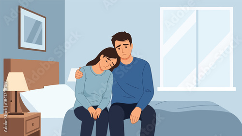 Flat vector illustration of a couple sitting quietly together in emotional support, ideal for mental health themes, relationship content, and peaceful lifestyle visuals