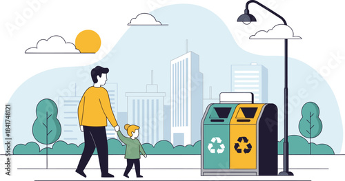 A father and child walk through a park, placing recyclable materials in a public bin. A modern cityscape forms the backdrop. Bright, clean illustration.